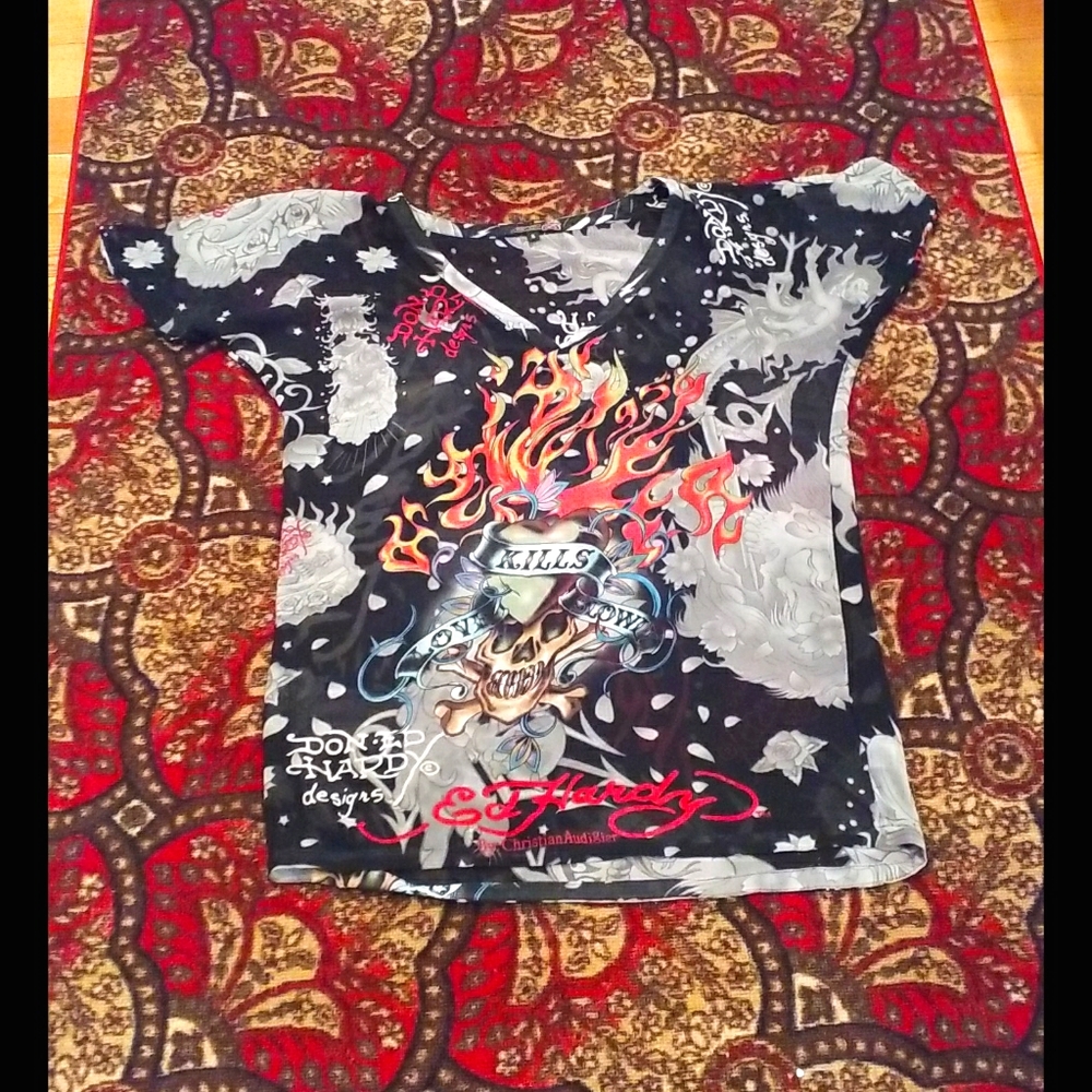 📓WOMENS ED HARDY SHEER BLOUSE TOP SIZE S